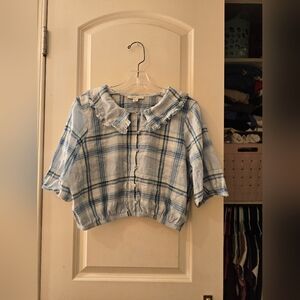 American Eagle Crop Plaid Top Sz M Baby Blue